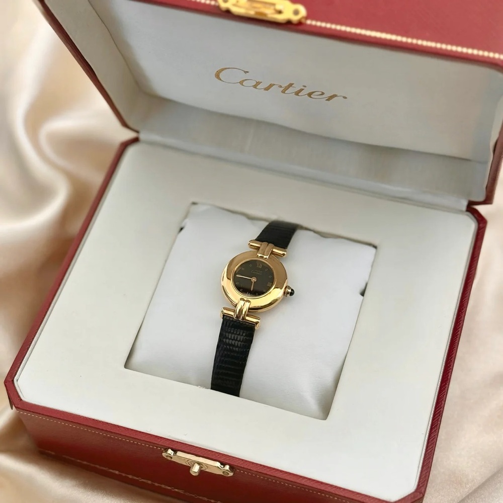AUTHENTIC VINTAGE CARTIER BLACK LEATHER WATCH - WITH BOX
